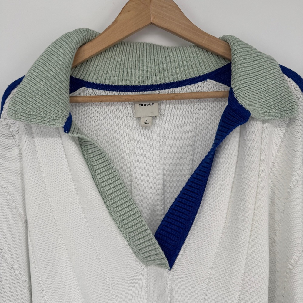 Maeve Anthropologie Knit Polo Rugby Sweater L Oversized Cotton Colorblock Preppy - Picture 3 of 14